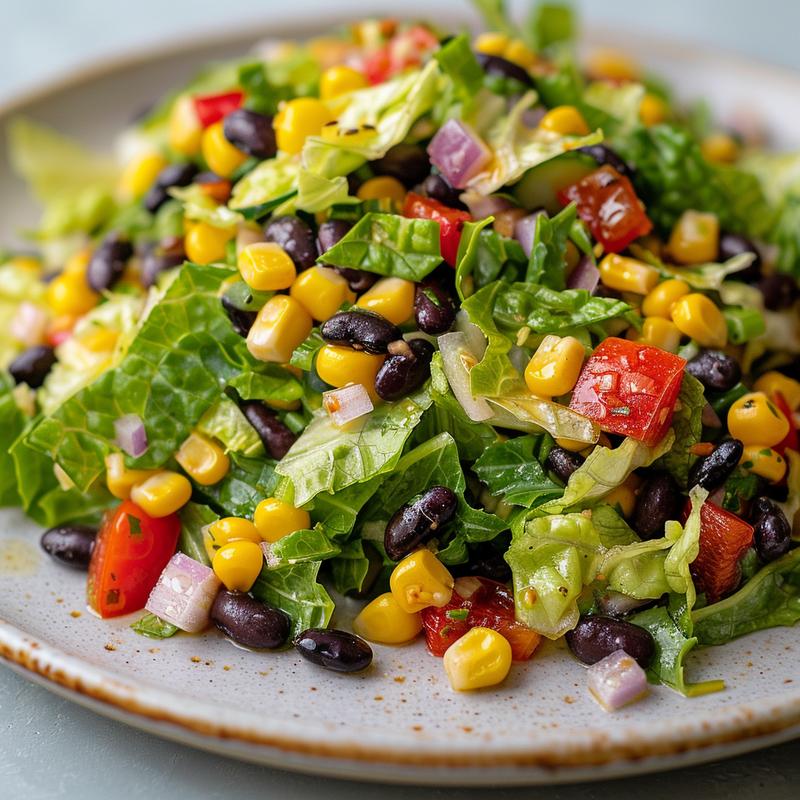 Close-up of Santa Fe salad showing lettuce, beans, corn, pepper, and onion.
