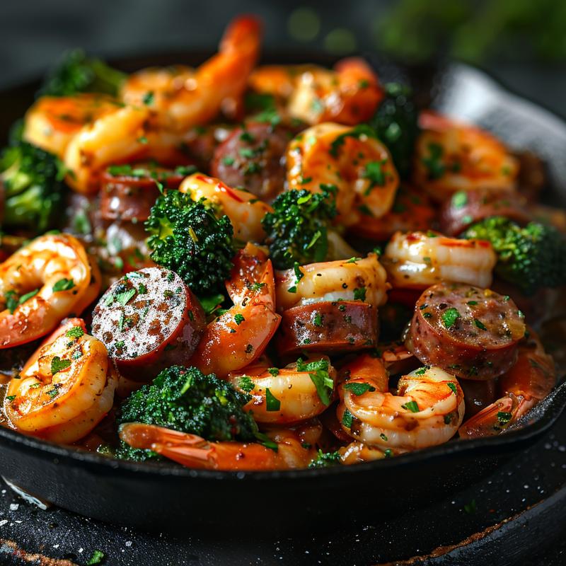 Close-up of garlic butter shrimp, sausage, and broccoli on dark surface.