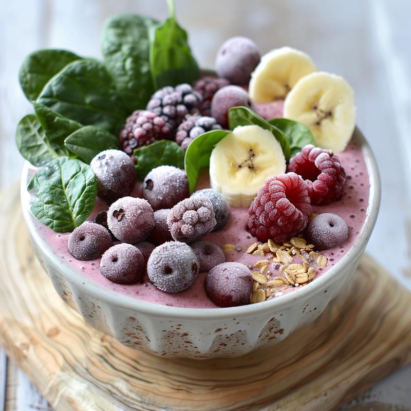Close-up of a vibrant smoothie bowl with visible frozen fruits, spinach, and protein powder on a light wood surface.