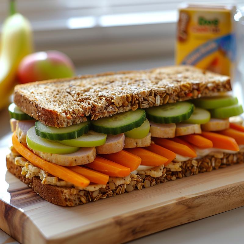 Close-up of a teen's cold lunchbox with sandwich, fruit, vegetables, snack, and drink on wood.