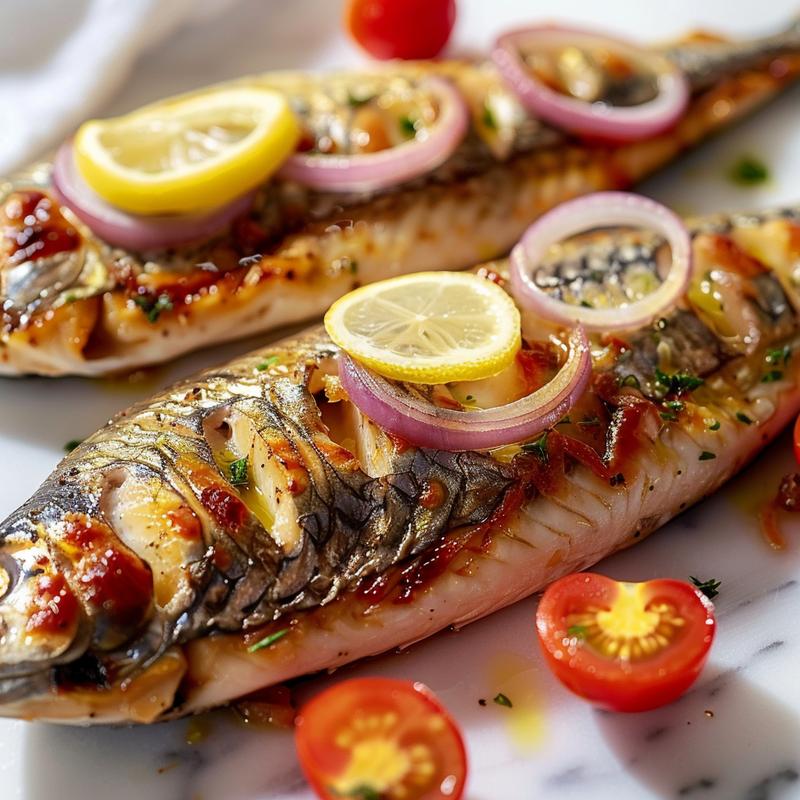 Close-up of baked mackerel with lemon, tomatoes, and red onion on marble.