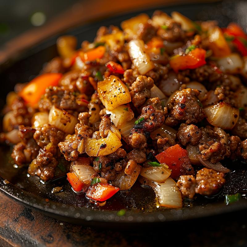 Close-up of Mediterranean ground beef stir-fry with visible ingredients.