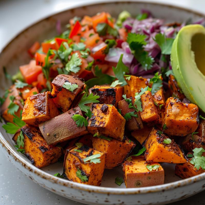 Close-up of colorful sweet potato taco bowl.