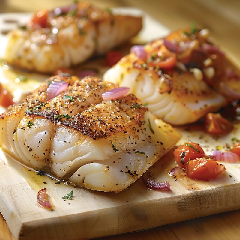 Close-up of Mediterranean baked cod with tomatoes and onions on wood.