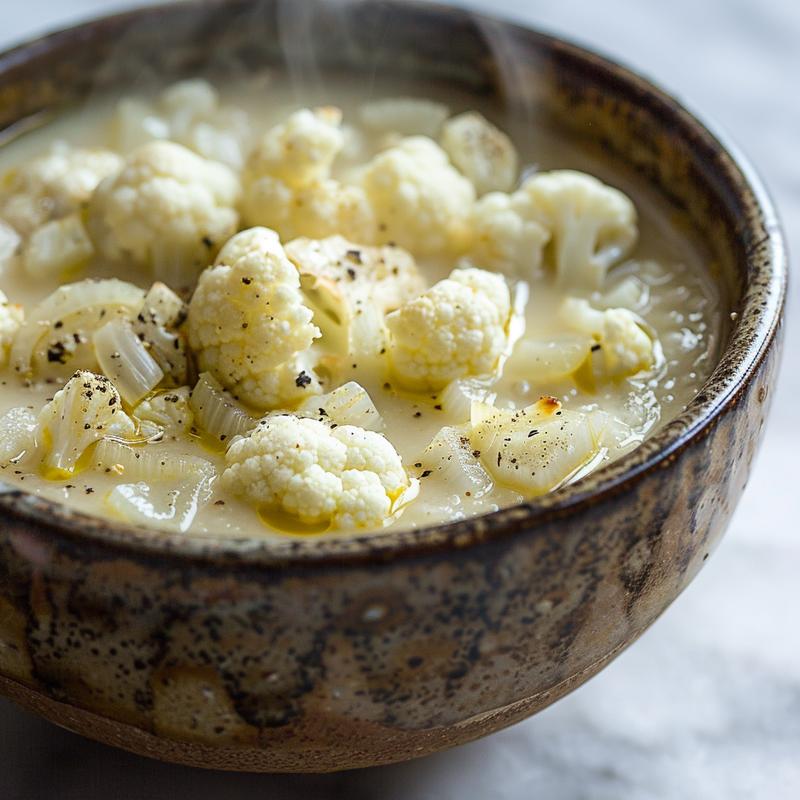 Steaming bowl of creamy white cauliflower soup on marble.