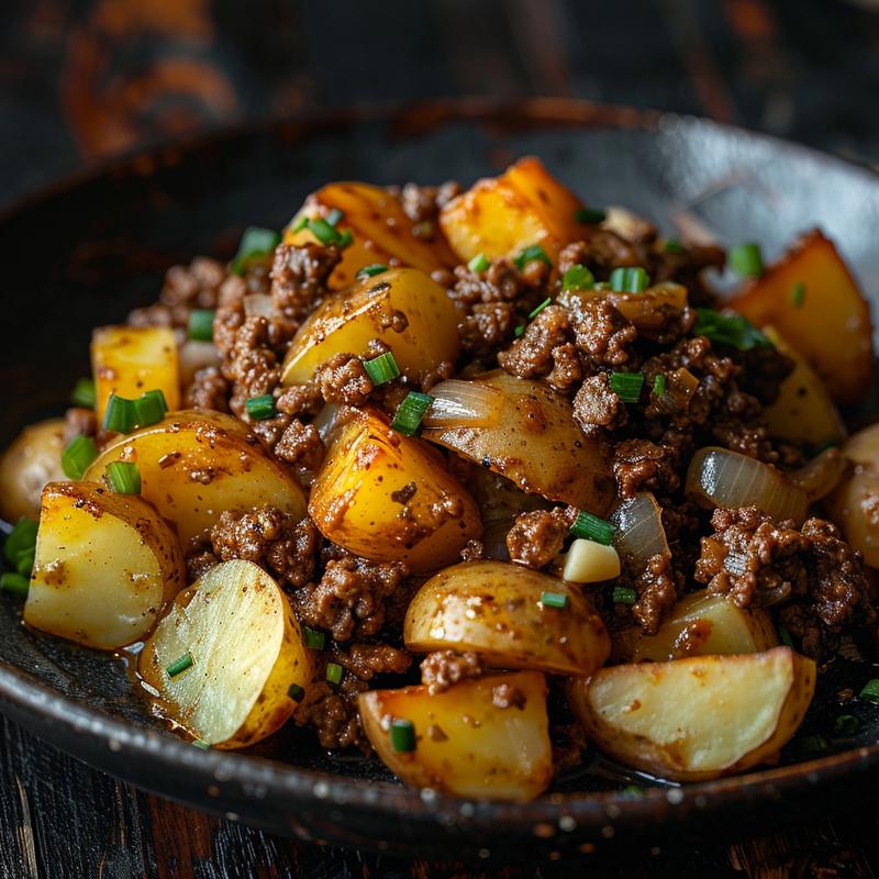 Close-up of ground beef and potatoes in a rustic setting.