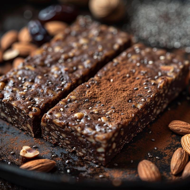 Close-up of dark brownie energy bars with visible nuts and seeds.
