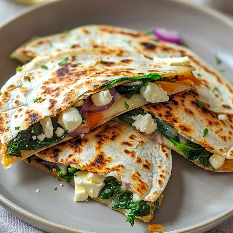 Close-up of a Mediterranean quesadilla with spinach, feta, mozzarella, and red onion on a light grey plate.