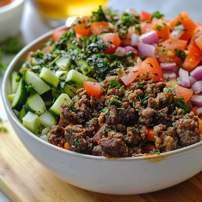 Close-up of a Mediterranean lamb bowl with ground lamb, fresh vegetables, and Greek flavors on a light wood board.