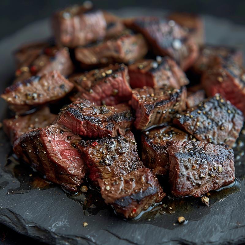 Close-up of a Mediterranean steak bowl with visible steak bites.