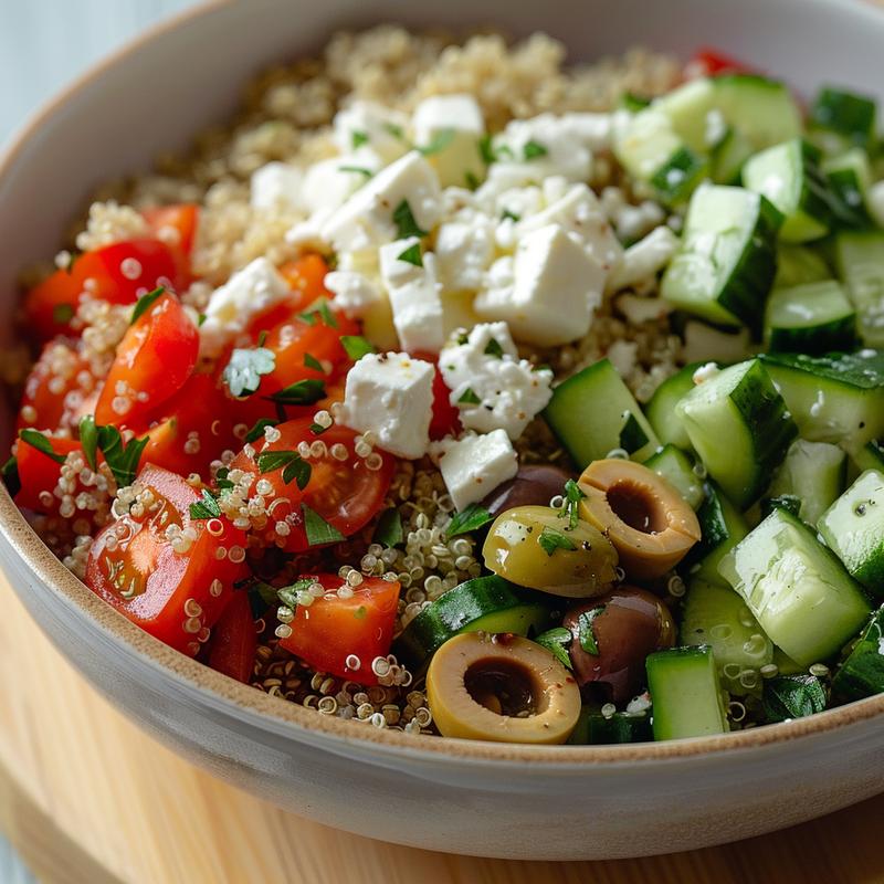 Close-up of a Mediterranean bowl with quinoa, cucumber, tomatoes, feta, and olives on a wooden board.