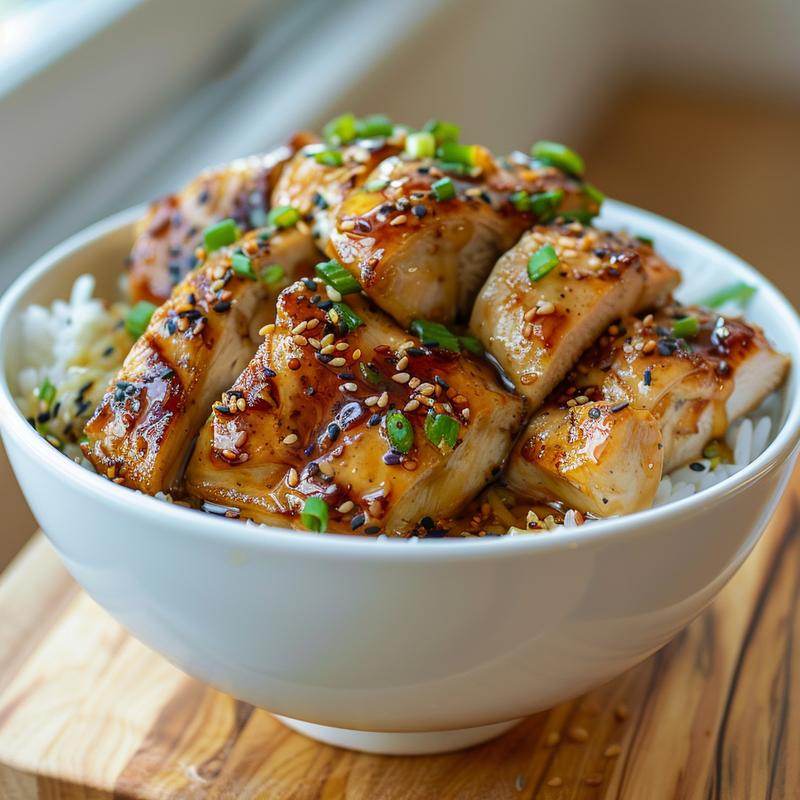 Close-up of teriyaki chicken and rice in a meal prep bowl.