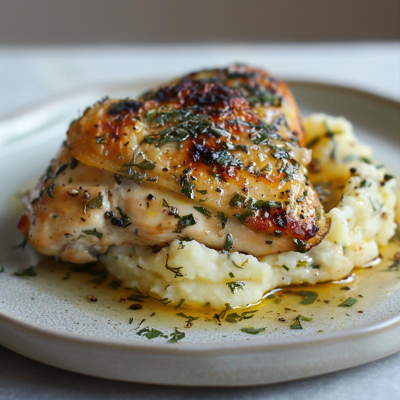 Close-up of creamy herb chicken and glazed mashed potatoes on a light grey plate.