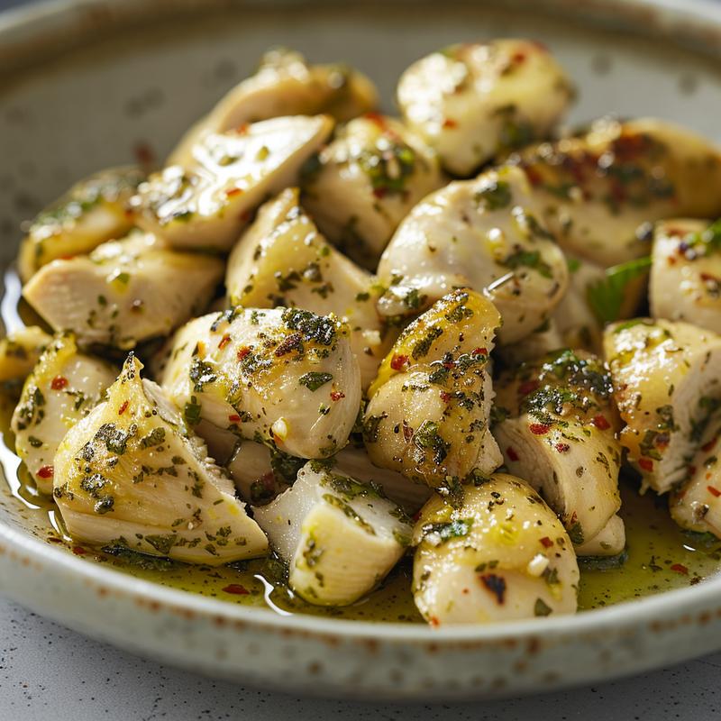 Close-up of a Mediterranean chicken bowl with visible chicken, olive oil, and lemon juice.