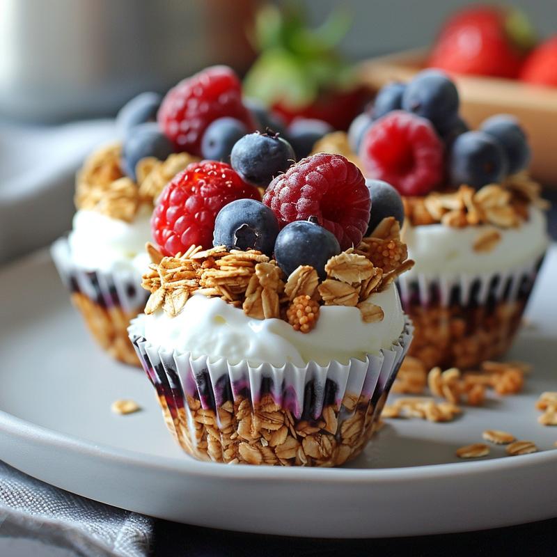 Close-up of frozen yogurt granola cups with berries on a gray plate.