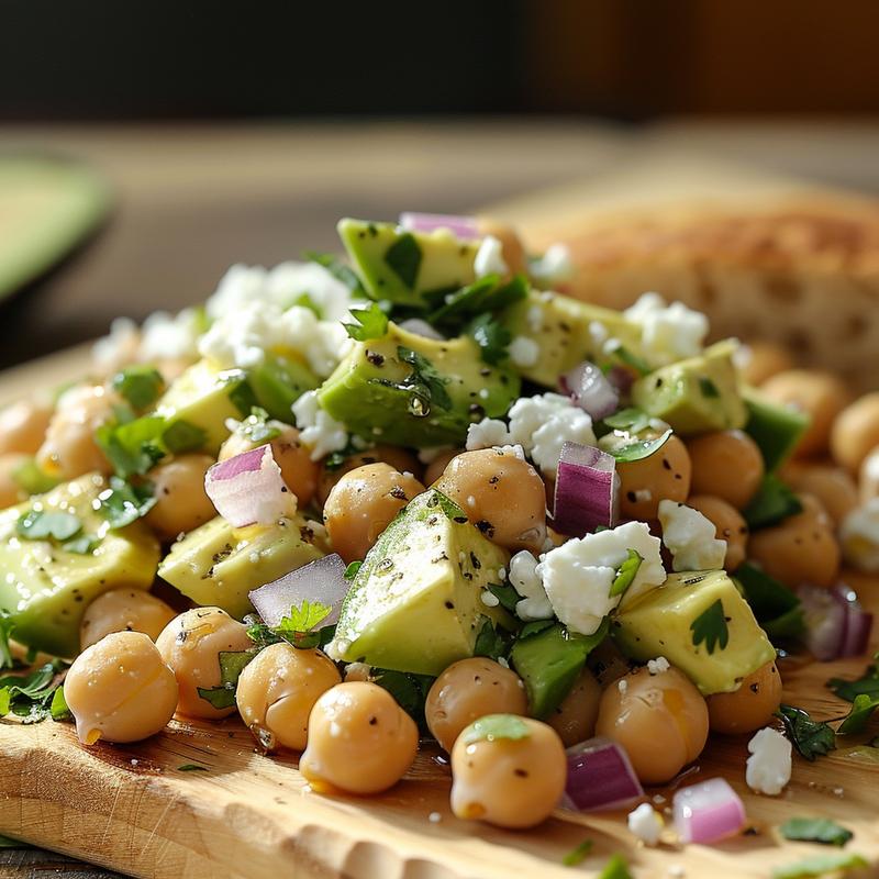 Close-up of chickpea feta avocado salad showing visible ingredients.