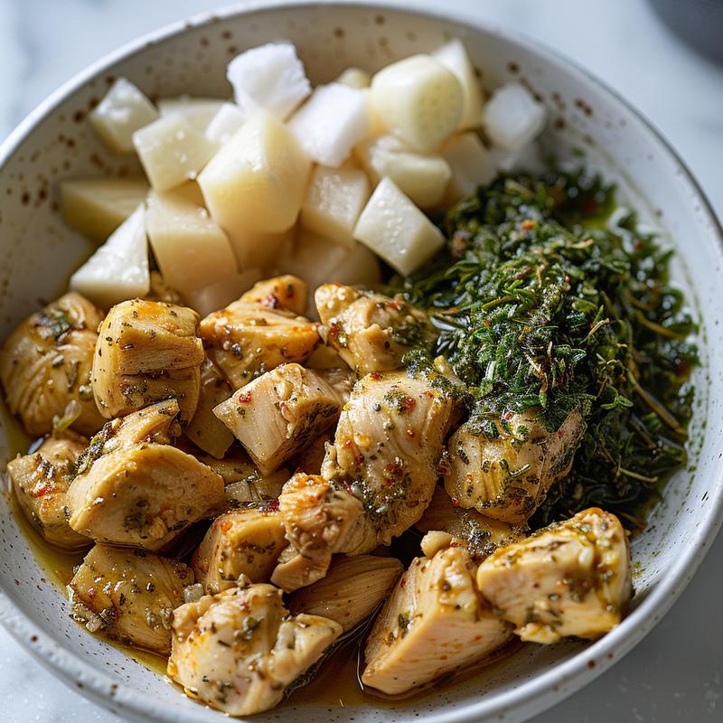 Close-up of a Mediterranean chicken bowl with visible chicken pieces, olive oil, and spices on a white marble surface.
