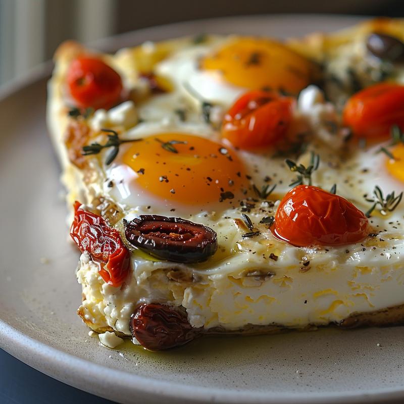 Close-up of a Mediterranean breakfast casserole on a light grey plate.
