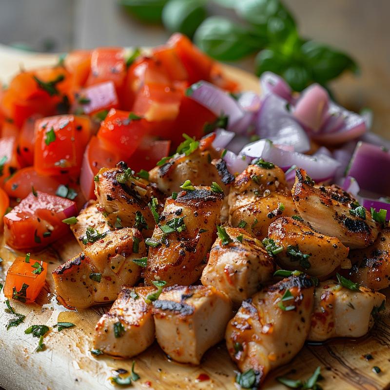 Close-up of Mediterranean chicken with red bell peppers and tomatoes on wood.