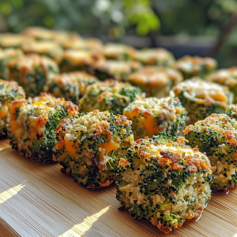 Close-up of golden-brown broccoli tots on a light wood board.
