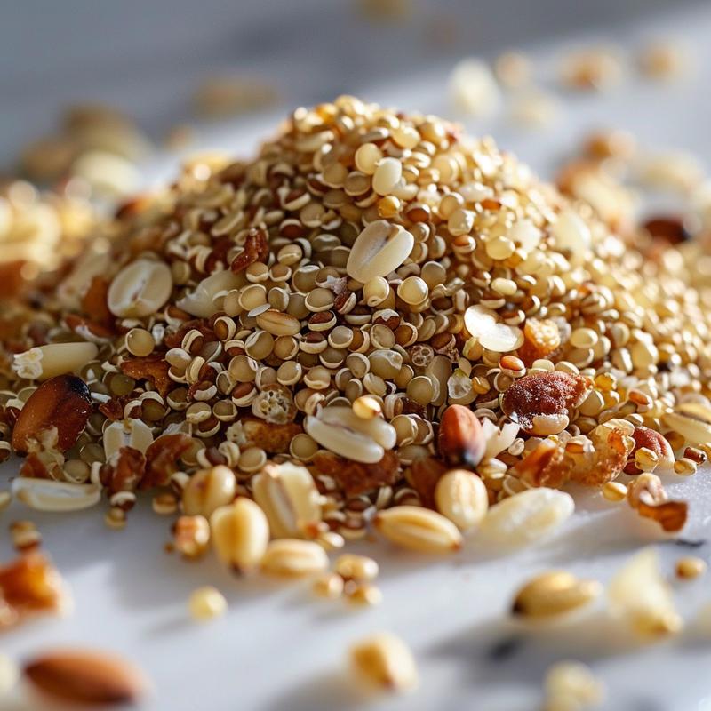 Close-up of grains including brown rice, barley, and quinoa on white marble.