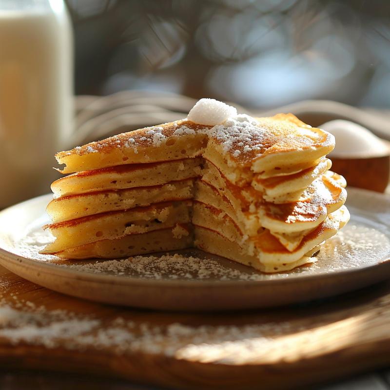 Close-up of a single pancake slice on a light wood board.