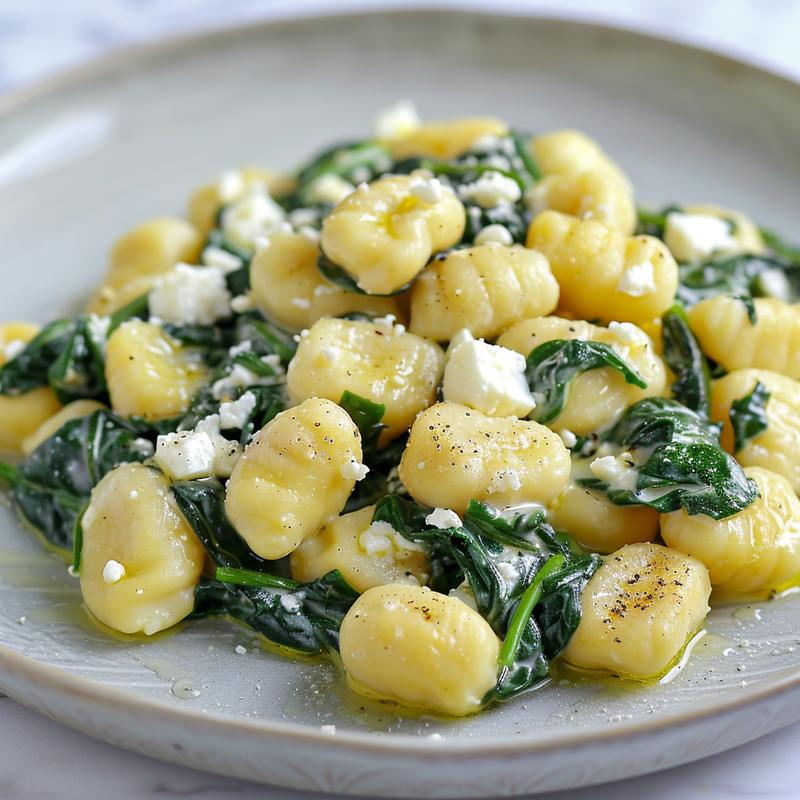 Close-up of creamy gnocchi with spinach and feta on a grey plate.