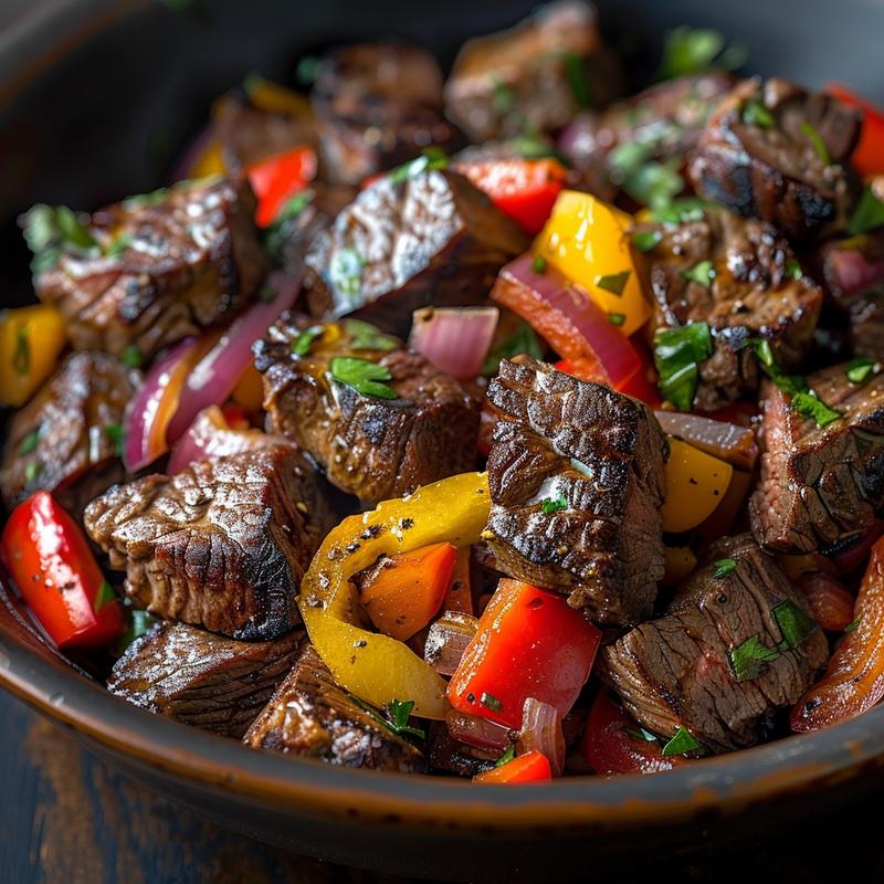 Close-up of a steak bowl with colorful vegetables on a dark wood table.