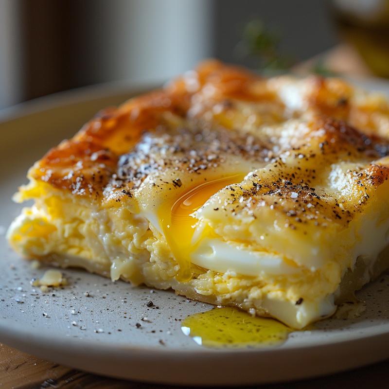 Close-up of a Mediterranean breakfast casserole with visible eggs, vegetables, and light grey plate.