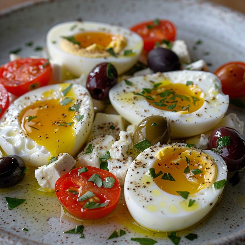 Close-up of baked feta eggs with tomatoes, olives, and olive oil on a grey plate.