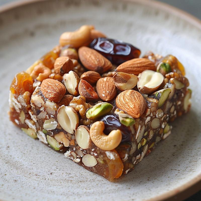 Close-up of a dry fruit laddu on a light grey plate.