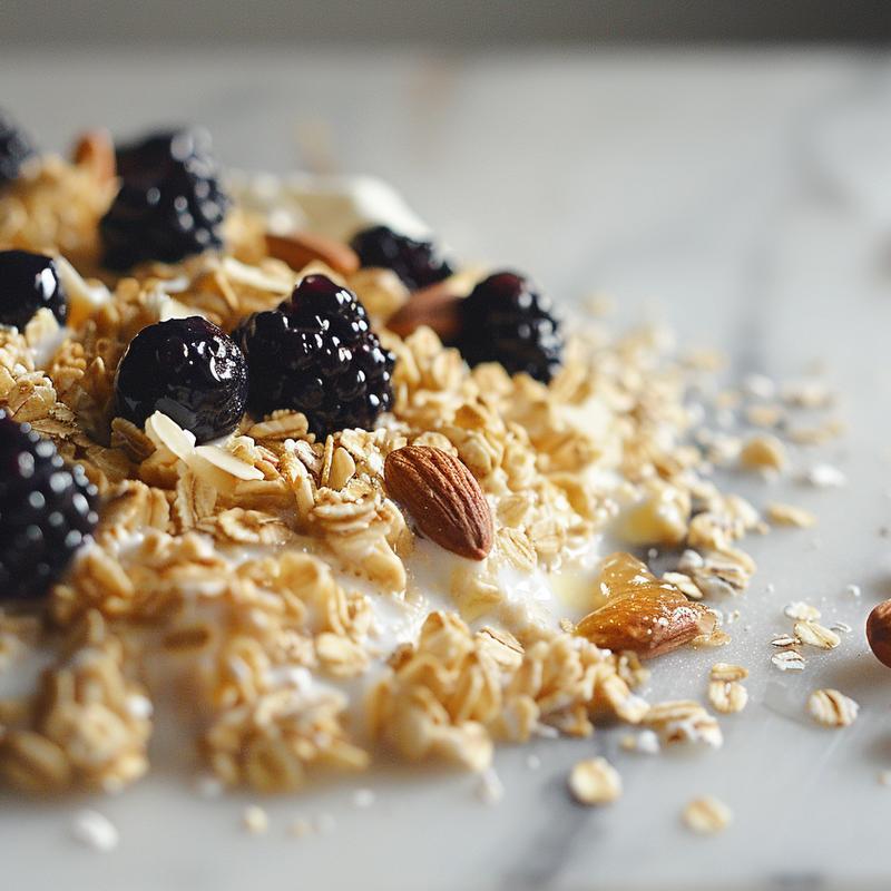 Close-up of berry almond overnight oats showing visible ingredients on white marble.