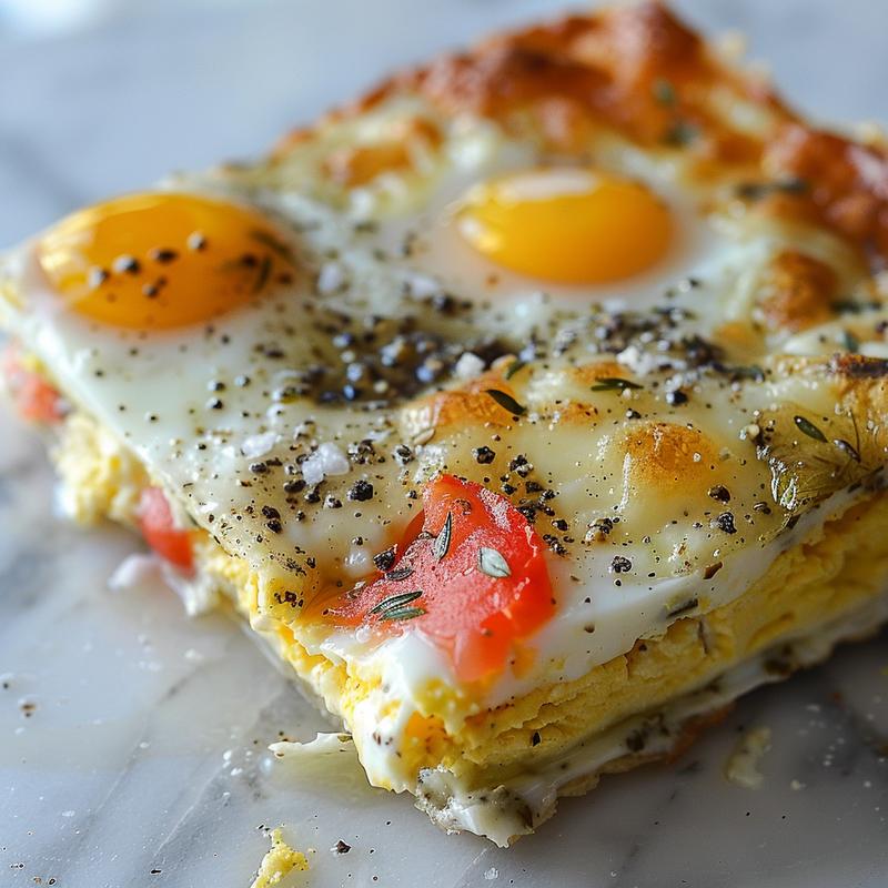 Close-up of a Mediterranean breakfast casserole with visible eggs, vegetables, and seasonings on a white marble surface.