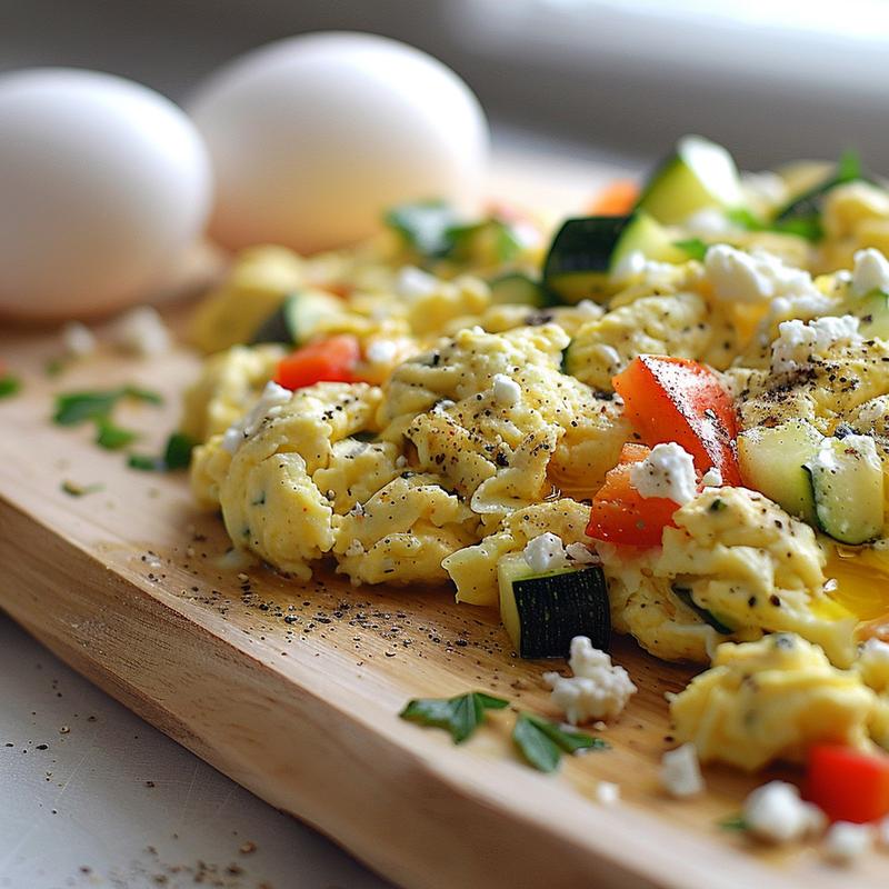 Close-up of veggie scrambled eggs with feta, peppers, and zucchini.