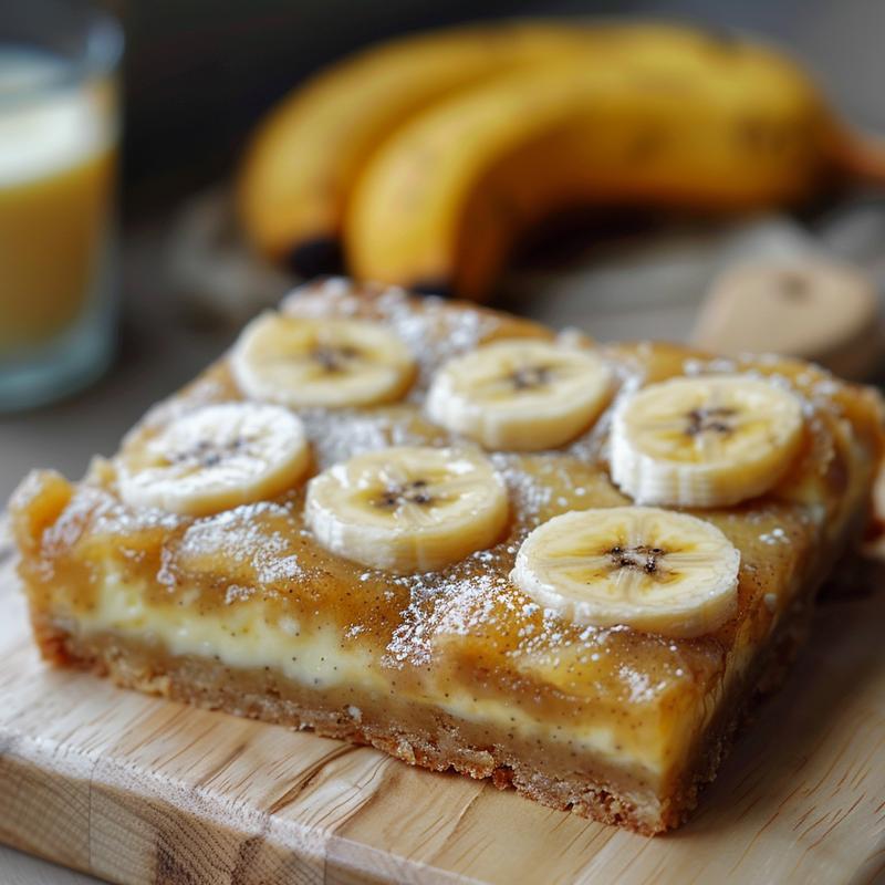 Close-up of a slice of banana bar on a light wood board.