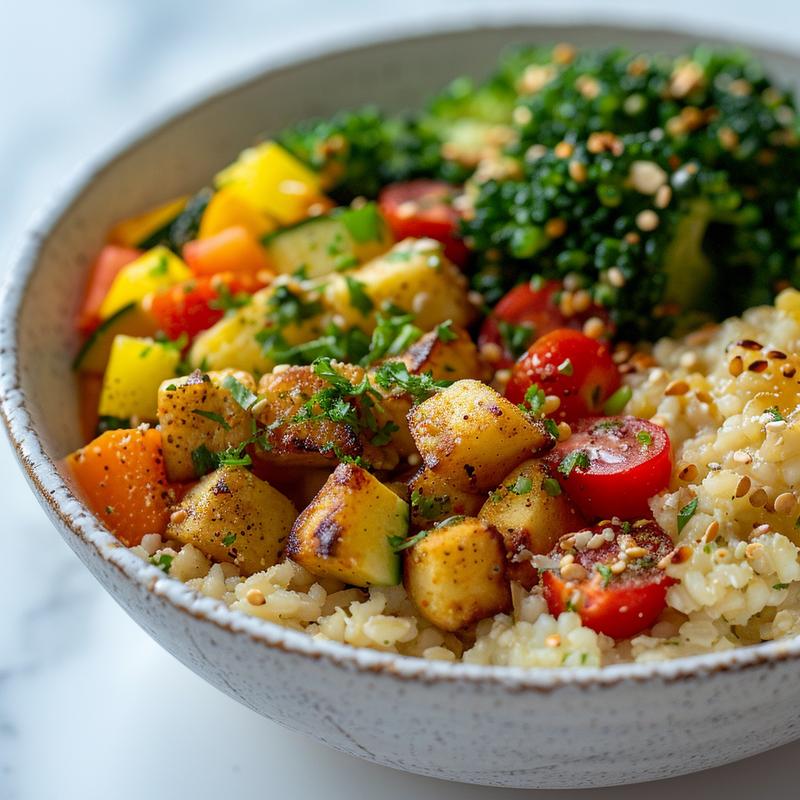 Close-up of a Mediterranean breakfast bowl with visible grains, fresh vegetables, and protein on a white marble surface.