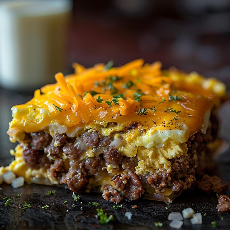 Close-up of a sausage and egg casserole with visible sausage, cheese, and onion.