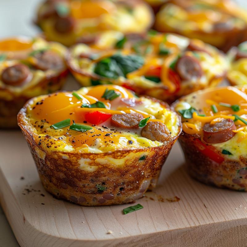 Close-up of colorful breakfast egg muffins on wood.