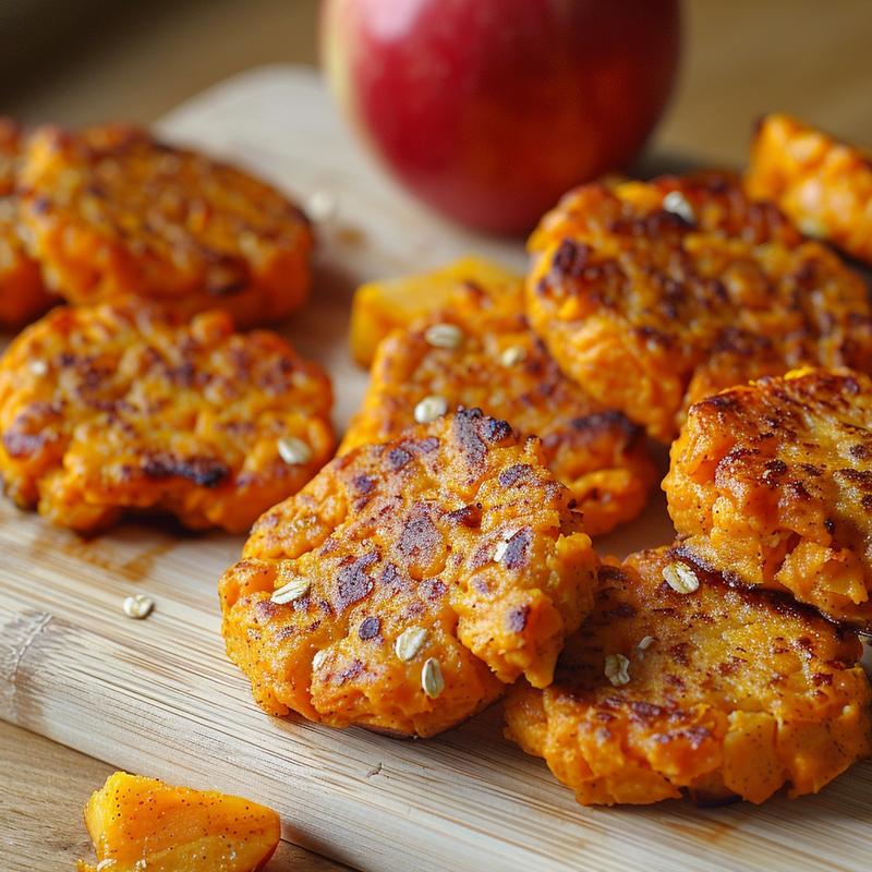 Close-up of sweet potato and apple patties on a light wood board.