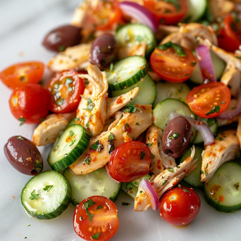 Close-up of Mediterranean chicken salad with visible chicken, cucumber, red onion, olives, and tomatoes on a white marble surface.