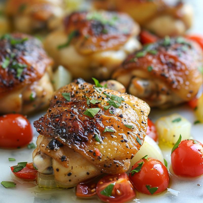 Close-up of seasoned chicken thighs with diced tomatoes and herbs on a white marble surface.