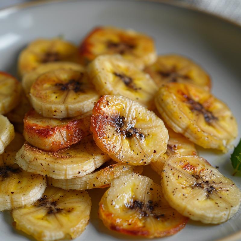 Close-up of homemade banana chips on a grey plate.