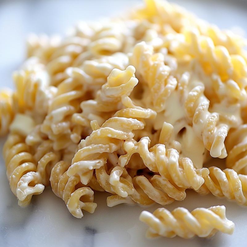 Close-up of creamy pasta salad with rotini shells on white marble.