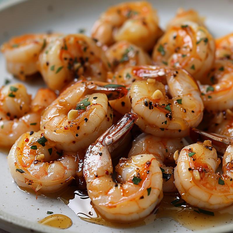 Close-up of honey garlic shrimp on a light grey plate.