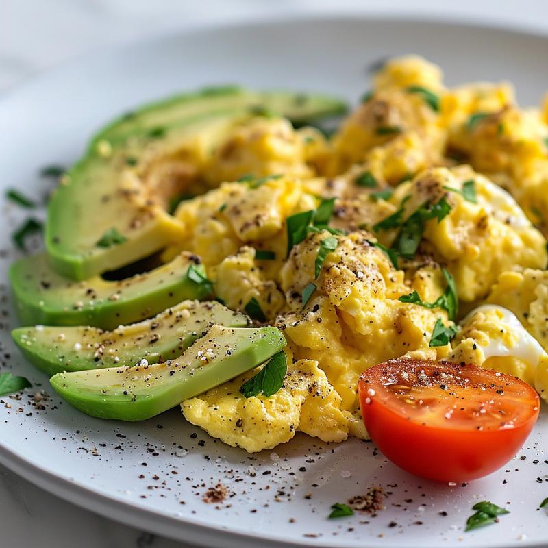Close-up of scrambled eggs, avocado slices, and seared tomato on white marble.