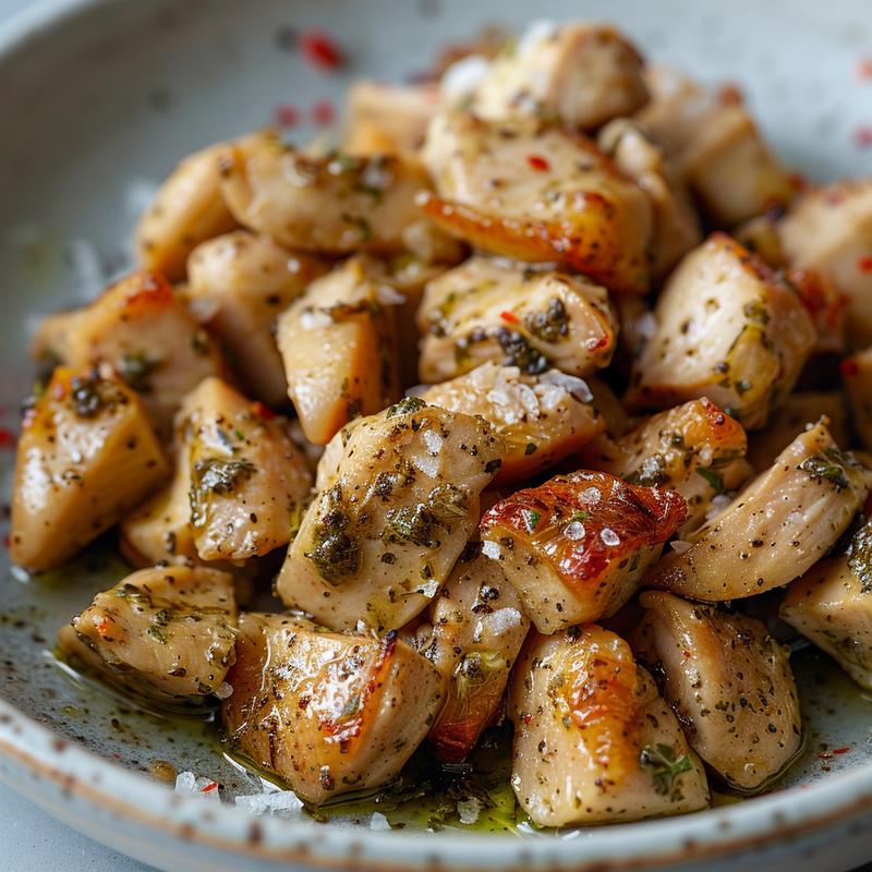 Close-up of Mediterranean chicken bowl with visible chicken, oil, and herbs on a light grey plate.
