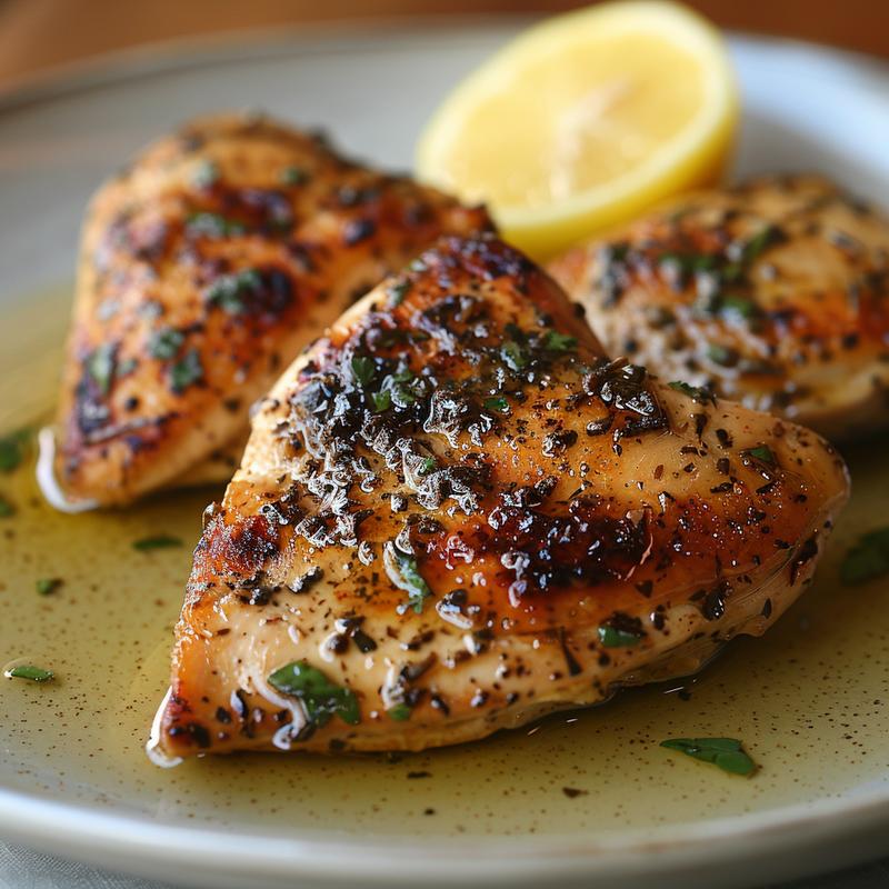 Close-up of lemon herb chicken on a grey plate.