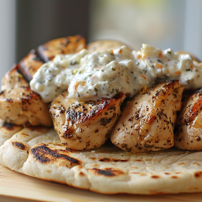 Close-up of Mediterranean chicken gyros with feta tzatziki sauce.