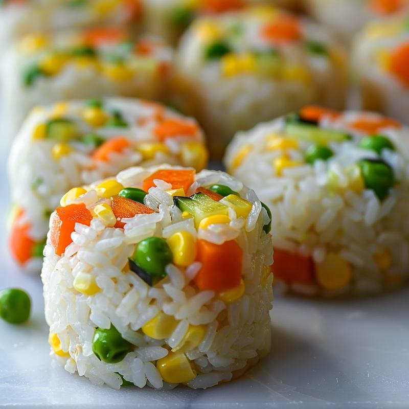 Close-up of veggie rice balls with visible rice and vegetable pieces on white marble.