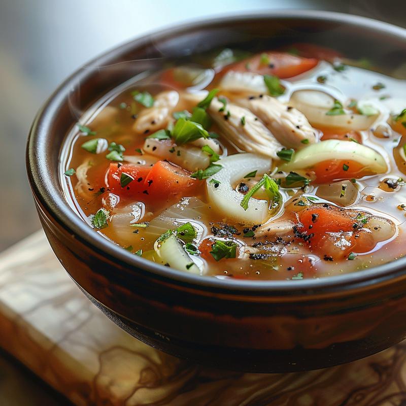 Steaming bowl of Mediterranean chicken soup with visible vegetables.